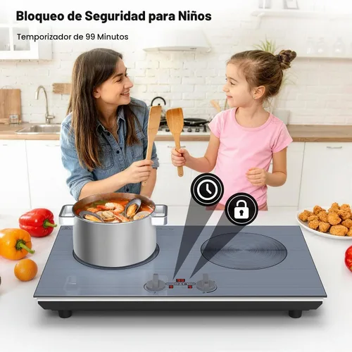 Vista 7 de GIHETKUT Placa de inducción de 2 quemadores, placa de inducción de 110 V 4000 W con panel cepillado, control de perilla, 9 niveles de potencia