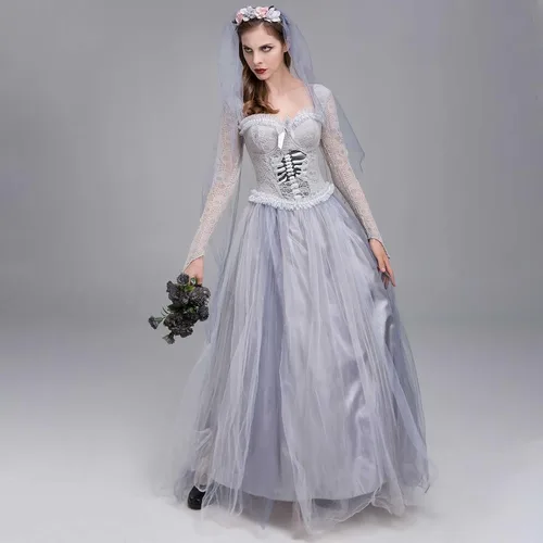 Vista 3 de Disfraz de novia de cadáver fantasma para mujer, vestido de cosplay de Halloween, vestido gótico corsé con velo, vestidos de empalme de malla