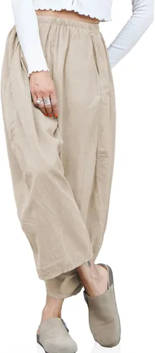 Vista 4 de SySea Pantalones holgados de pana para mujer, cintura elástica, ajuste holgado, pantalones recortados con bolsillos