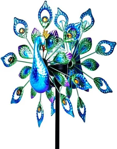 Vista 3 de Molinillo de viento para exteriores, escultura de metal con energía solar, 15 pulgadas y 64 pulgadas de altura, cinético pavo real, bola de vidrio