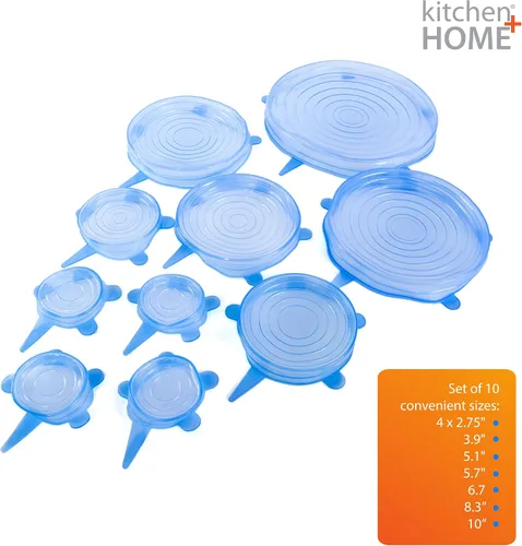 Vista 5 de Kitchen + Home - Juego de 10 tapas elásticas de silicona para guardar alimentos, sin BPA, aptas para lavavajillas, microondas, horno y congelador