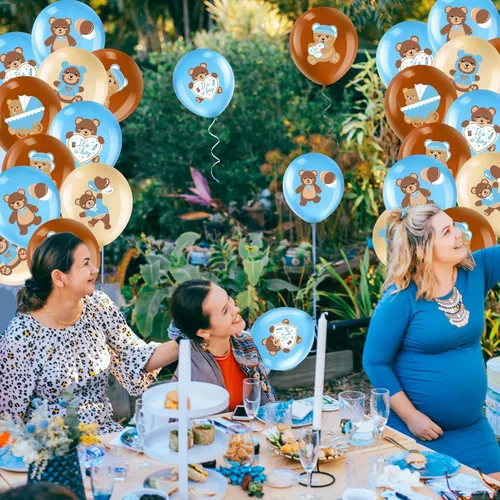 Vista 6 de Zomiboo 42 globos de oso para baby shower, de 12 pulgadas, de látex, azul, marrón, oso pequeño, decoraciones de fiesta para baby shower, revelación
