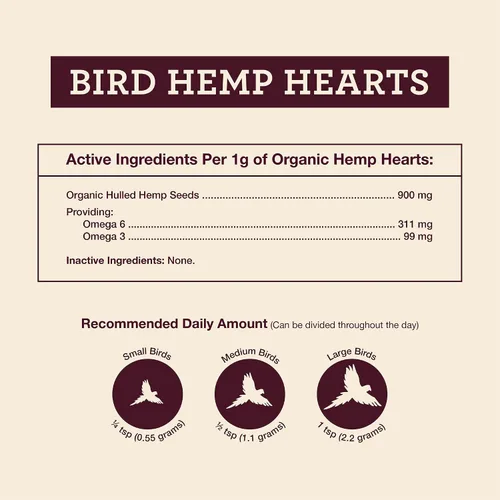 Vista 3 de Hemp Well Corazones de cáñamo orgánico para pájaros: reduce el desplome de las plumas, promueve la relajación, el apoyo inmunológico, orgánico