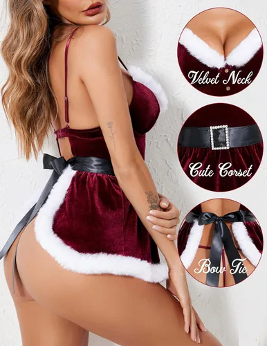 Vista 17 de Avidlove Lencería navideña para mujer, ropa interior de Santa Babydolls Chemises de terciopelo rojo