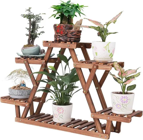 Vista 7 de Soporte de madera para plantas para interiores y exteriores, 4 niveles, estante para macetas esquineras, soporte para macetas para sala de estar