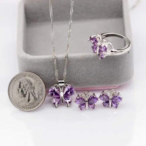 Vista 6 de Uloveido Platino chapado en oro rosa púrpura blanco cristal zirconia cúbica lindo encanto mariposa colgante collar pendientes y anillo barato