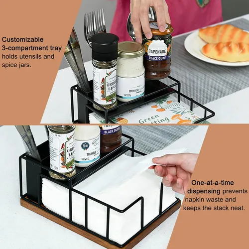Vista 6 de Servilletero para mesa, dispensador de servilletas de metal con almacenamiento de salero y pimienta, soporte para utensilios 3 en 1, estante