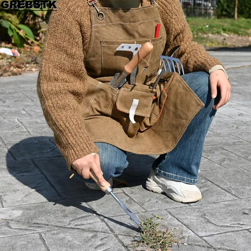 Vista 6 de GREBSTK Delantal de trabajo de lona Delantal de herramientas ajustable con espalda cruzada para carpintería, jardinería