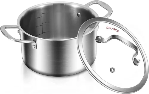 Vista 2 de DELARLO Olla de acero inoxidable de tres capas con tapa de 3.5 cuartos de galón, olla de cocina de grado alimenticio, olla de sopa duradera con tapa