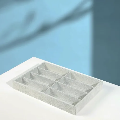 Vista 5 de Bandeja organizadora de lentes de sol, caja de exhibición de gafas de terciopelo gris beige, soporte organizador de gafas para escritorio en casa
