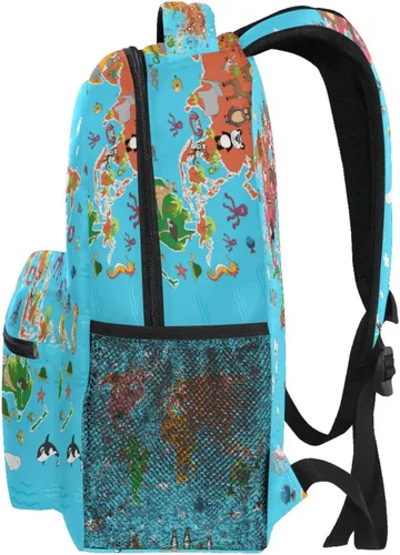 Vista 3 de AUUXVA Mochila escolar de 16 pulgadas con símbolo de animales con diseño de mapa del mundo para niños y niñas, mochila escolar de 16 pulgadas