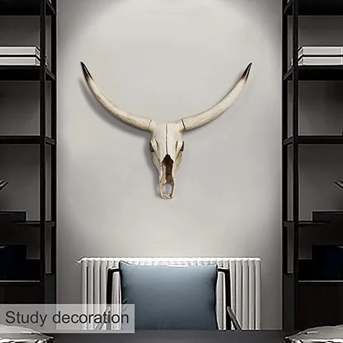 Vista 2 de Escultura de pared de cabeza de vaca de simulación retro, taxidermia de imitación, colgante creativo para colgar en la pared, colgante creativo