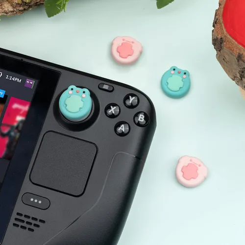 Vista 7 de GeekShare 4 tapas de silicona con diseño de animales, funda de joystick compatible solo con Steam Deck - Rana y ajolote