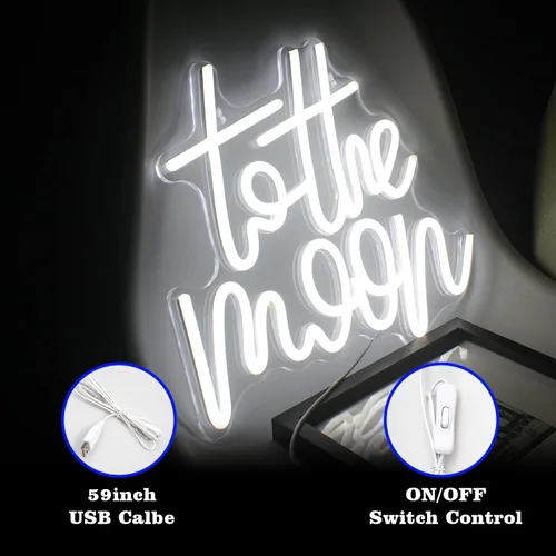 Vista 5 de Looklight Letrero de neón de letras a la luna con luces LED, luces de neón blancas para decoración de pared, luz de conectividad, luna iluminada