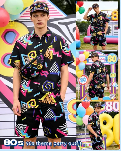 Vista 2 de kasahara Traje de los años 80 y 90 para hombre, camisa hawaiana retro y conjunto corto para hombre, ropa de los años 80, disfraz de los años 90