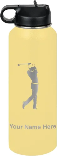 Vista 70 de LaserGram Botella de agua personalizada, golfista de golf, acero inoxidable de doble pared aislada al vacío con popote superior, regalo grabado Negro