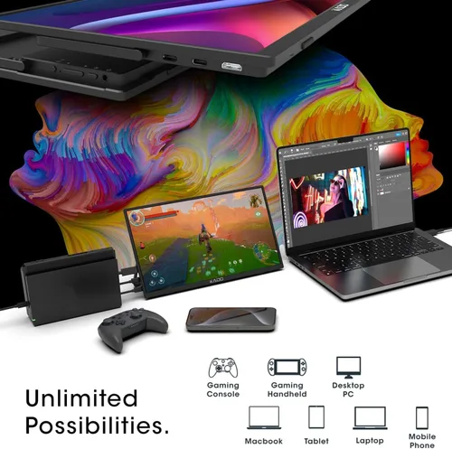 Vista 4 de Kado Monitor portátil de 15.6 pulgadas FHD 1080p, carga inversa de 45 W, USB-C mini-HDMI, monitor para juegos, pantalla IPS altavoces integrados