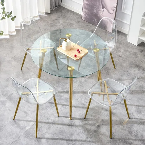 Vista 5 de A Glass Tabletop with a Diameter of 40 inches and a Modern Minimalist Circular Dining Table with Gold Plated Metal Legs. 40 '* 40' * 30 ' DT 1164