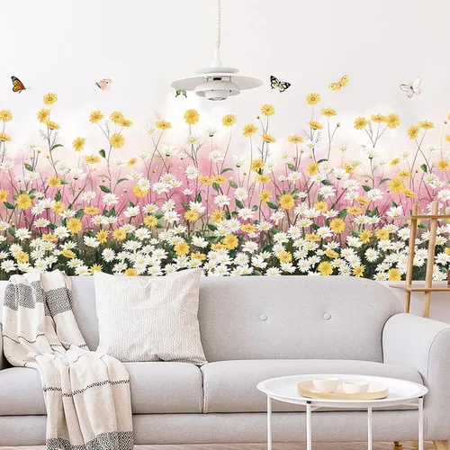 Vista 4 de Calcomanías de pared de flores de margarita, calcomanías de pared extraíbles de mariposa para despegar y pegar, calcomanías de pared florales