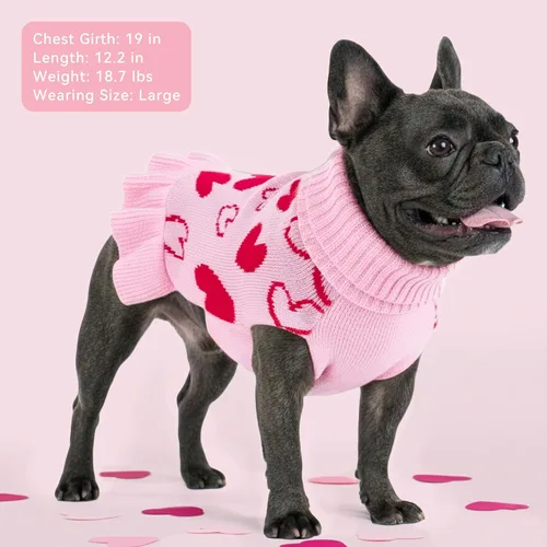 Vista 7 de cyeollo Vestido suéter para perro de San Valentín, suéteres cálidos de cuello alto para perros pequeños y niñas, ropa de punto elástico