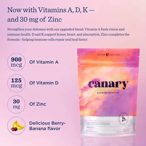 Vista 2 de Canary Barrera Booster Vitamina A, D, K y ZINC Apoyo Inmune – Ideal para apoyo inmunológico, fuerza ósea y salud cardiovascular – Sabor vegano