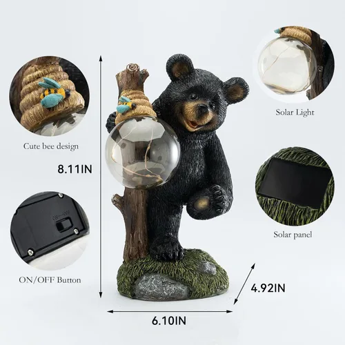 Vista 3 de Suyorpe Estatuas de jardín con luz decorativa de oso, estatua solar de oso exterior, decoración de jardín de animales, decoración divertida