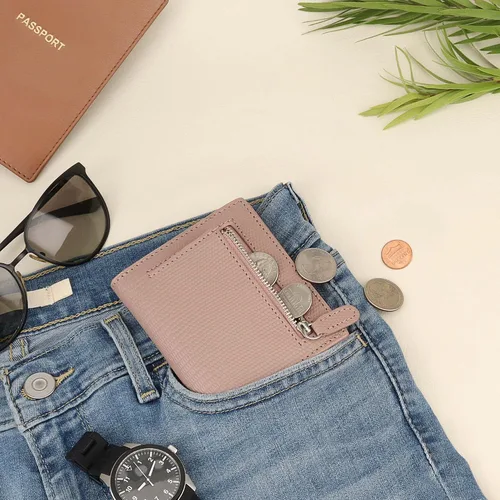 Vista 7 de BOTANNER Mini monedero de bolsillo compacto de cuero para mujer con seguridad RFID - NEGRO, rosado (Blush Pink), Minimalista