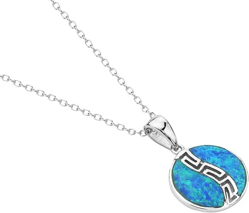 Vista 2 de My Daily Styles Collar con colgante redondo de ópalo simulado de plata de ley 925 azul turquesa