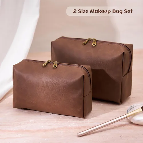 Vista 3 de Bolsa de cosméticos personalizada pequeña pana maquillaje bolsa de viaje organizador de cepillos de almacenamiento, Marrón