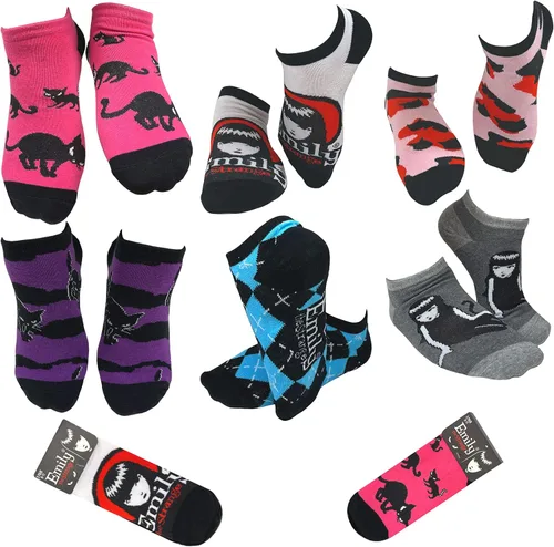 Vista 2 de Women's Emily the Strange Cute Fun Edgy Black Cat Skull No show Socks - 6 Pair