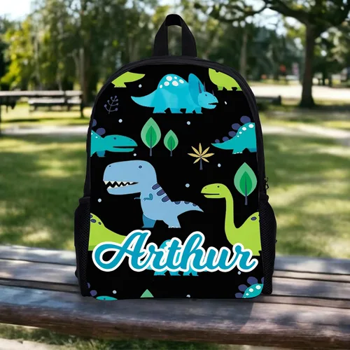 Vista 3 de Mochila personalizada para niños pequeños con nombre con foto personalizada para niños, mochila escolar de dinosaurio para niñas y niños