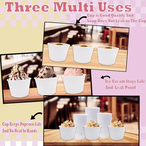 Vista 3 de 300 tazas de helado de papel blancas de 8 onzas, taza de helado desechable de 8 onzas, vasos de postre de papeles, tazas de papel para helados