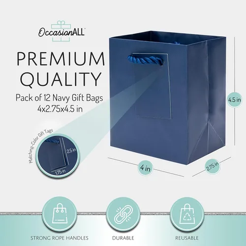 Vista 2 de OccasionALL Bolsas de regalo extra pequeñas de color azul marino de 4 x 2.75 x 4.5 pulgadas, mini bolsas de regalo de papel con asas para tarjetas