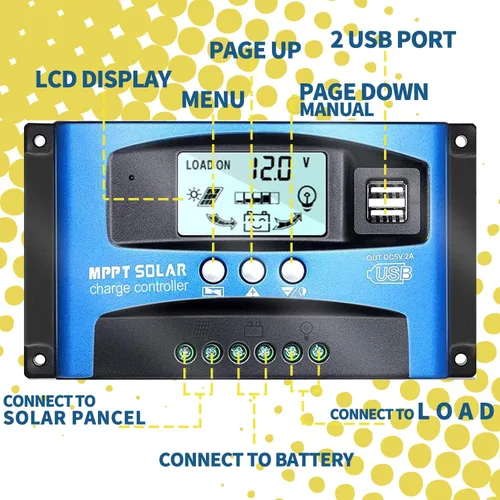 Vista 2 de EpRec MPPT 100A 12V/24V Controlador Regulador de Carga de Panel Solar con Seguimiento Automático de Enfoque, Puerto USB Dual, Pantalla LCD, Nueva