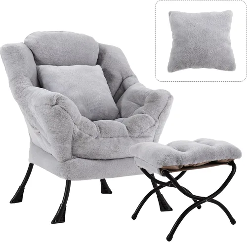 Vista 28 de Silla Lazy con otomana, cómoda silla de lectura para dormitorio Melocotón Beige-1