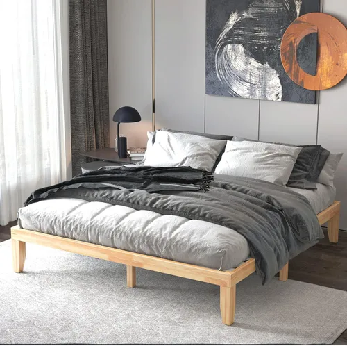 Vista 2 de KOTEK Base de cama de plataforma de madera maciza de 14 pulgadas, base de colchón con soporte de listones de madera, base de cama de madera de goma