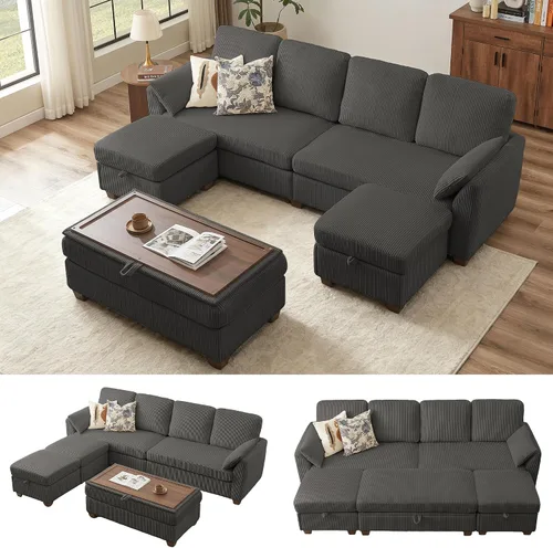 Vista 10 de Sofá en forma de U de 102.3 pulgadas con 2 otomanas móviles y 1 mesa auxiliar, se convierte en sofá cama, incluye 2 almohadas para reposabrazos