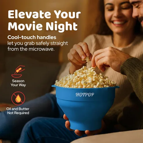 Vista 5 de El Hotpop Original - Palomitero para microondas, Popcorn, contenedor de silicona para hacer palomitas de maíz, cuenco plegable sin BPA y apto