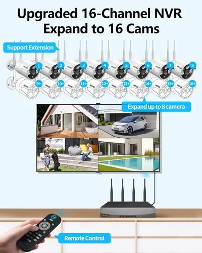 Vista 8 de Sistema de cámara de seguridad inalámbrica de 8 canales HD 1080P de 4 TB para uso en exteriores, 8 unidades de 1080P 2.0 megapíxeles inalámbricos