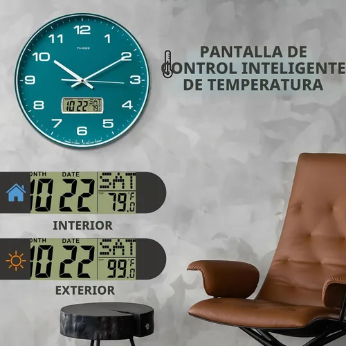Vista 9 de Reloj de pared TIMESS, de 14" con gran esfera silenciosa y sin tictac, funciona con pilas, analógico con pantalla LCD para calendario perpetuo