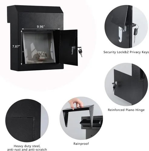 Vista 7 de xydled Buzón de correo resistente con cerradura de llave, 15''x12''x6'', buzón de metal con cerradura montado en la puerta, caja de depósito