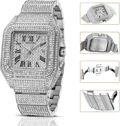 Vista 4 de Gosasa Reloj de Moda Hip Hop para Hombre, con Detalles de Cristal, Reloj Bling Bling, Caja Rectangular, Correa de Pulsera de Acero Inoxidable, Reloj