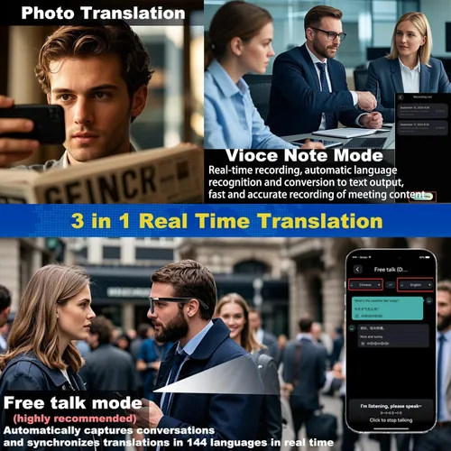 Vista 3 de Ai Gafas Inteligentes Bluetooth 5.4 con Traducción para Hombres y Mujeres 160+ Idiomas Lente que Cambia de Color Asistente Chat GPT Aplicación