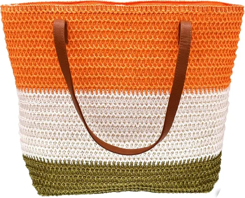 Vista 69 de Bolso grande de paja para mujer, tejido de ratán, bolso de playa de verano, a rayas
