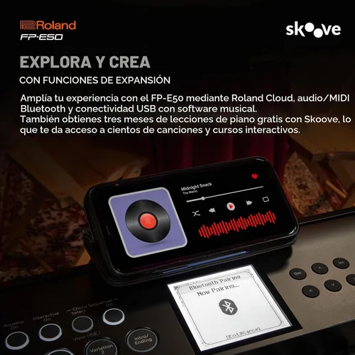 Vista 5 de Piano digital Roland FP-E50 Piano premium y biblioteca de sonidos expandible Teclado de 88 notas con acción de martillo Acompañamiento