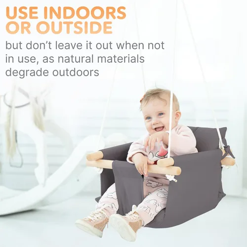 Vista 7 de CaTeam Asiento de columpio de lona para bebé con cinturón de seguridad de 5 puntos, columpio colgante de madera para niños pequeños, interior y Gris