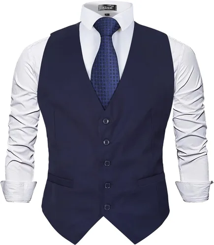 Vista 6 de Alizeal Chaleco de Traje de Negocios Clásico de Color Sólido para Hombre de Ajuste Regular Chaleco de Esmoquin para Boda Azul marino