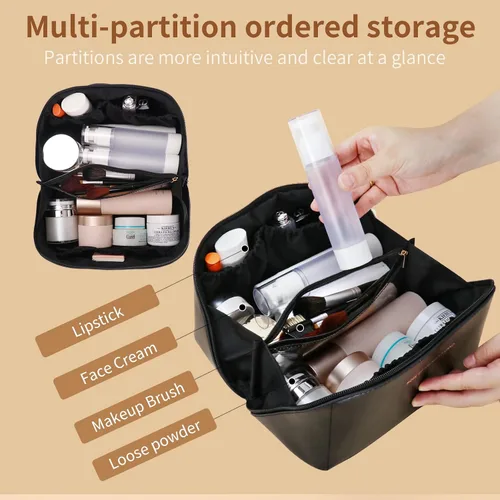 Vista 5 de 3 bolsas de maquillaje de viaje portátiles de gran capacidad para mujeres, estuche organizador de maquillaje plano abierto, bolsa organizadora
