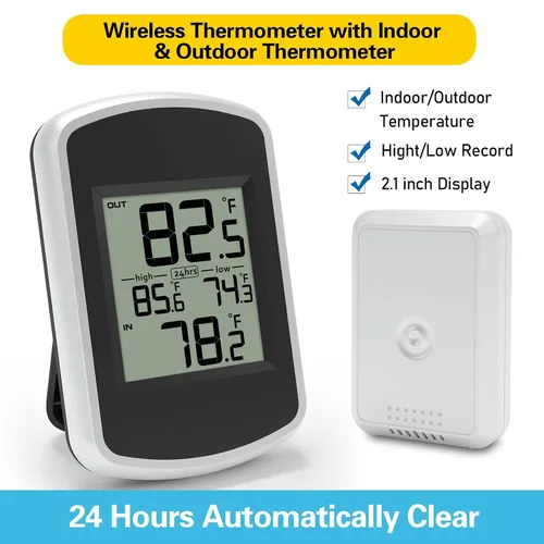 Vista 2 de Urageuxy Termómetro inalámbrico para interiores y exteriores, monitor digital de temperatura interior y exterior para invernadero y habitación