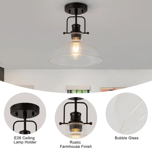 Vista 5 de WILON Lámpara de techo rústica de granja, luz de techo de vidrio semillado, luces de techo semiempotradas óxido, accesorios de iluminación